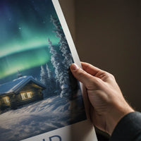 Lapland Poster - Finland Travel Art - Snowy Cabin Lights Home Decor