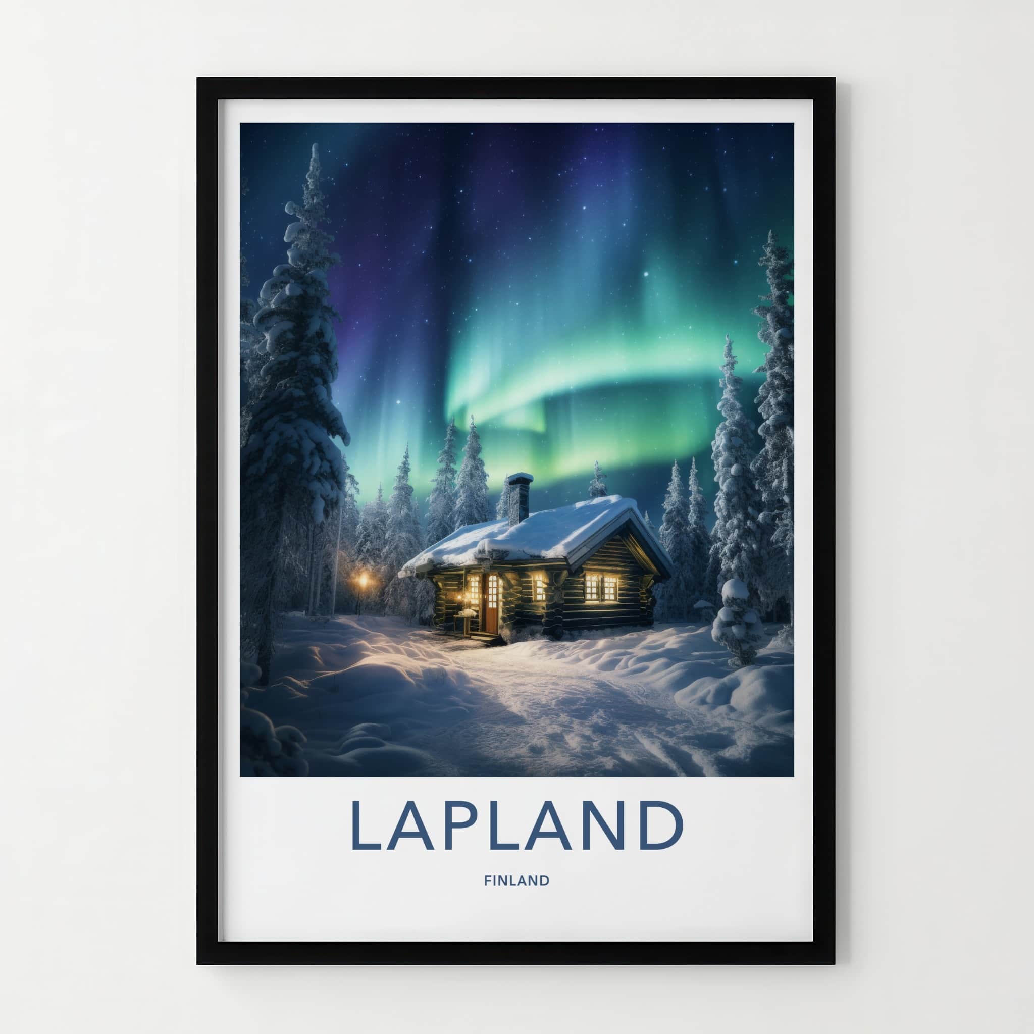 Lapland Poster - Finland Travel Art - Snowy Cabin Lights Home Decor