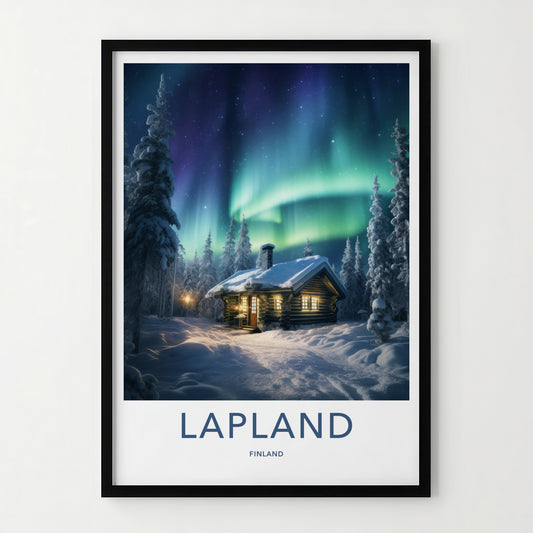 Lapland Poster - Finland Travel Art - Snowy Cabin Lights Home Decor
