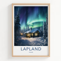 Lapland Poster - Finland Travel Art - Snowy Cabin Lights Home Decor