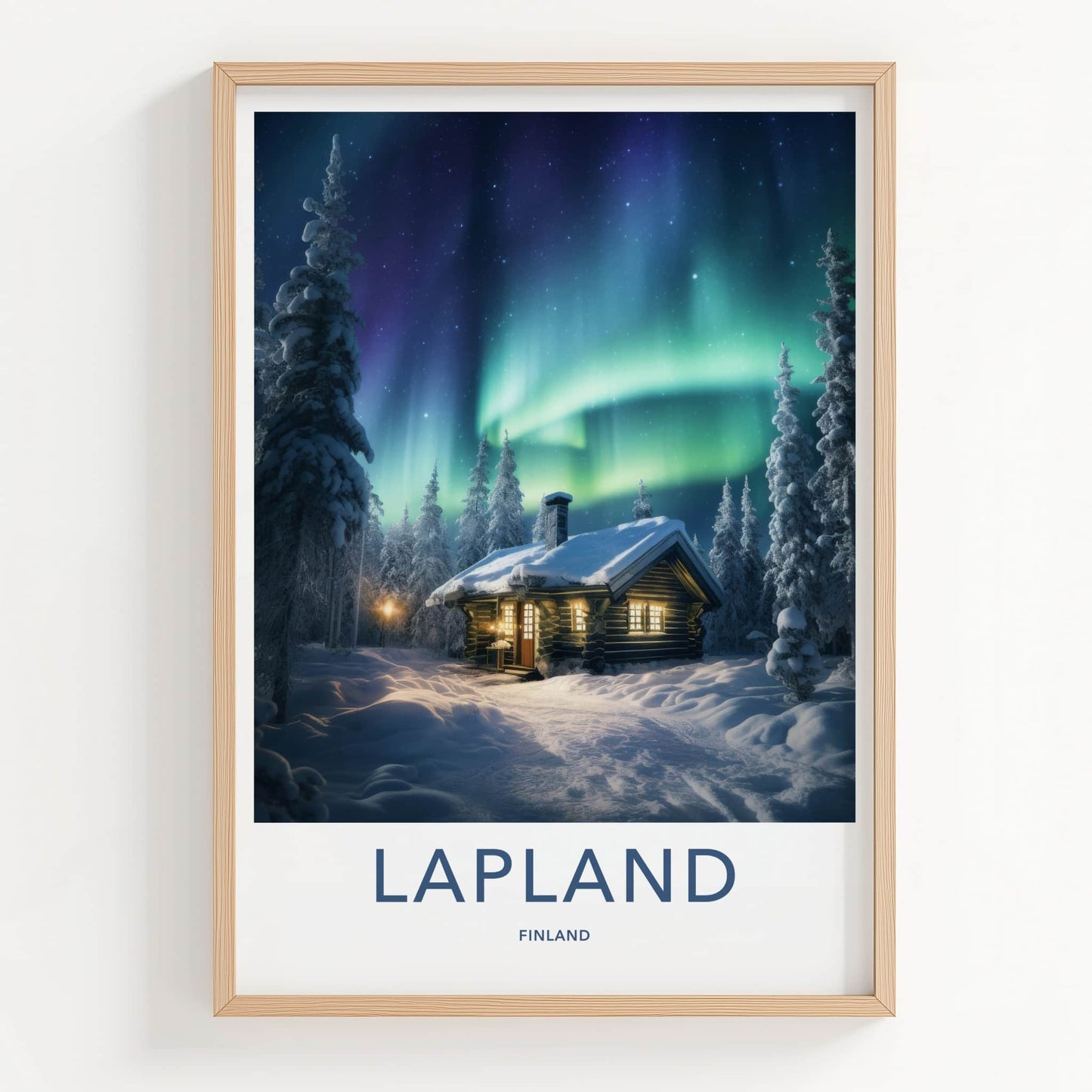 Lapland Poster - Finland Travel Art - Snowy Cabin Lights Home Decor