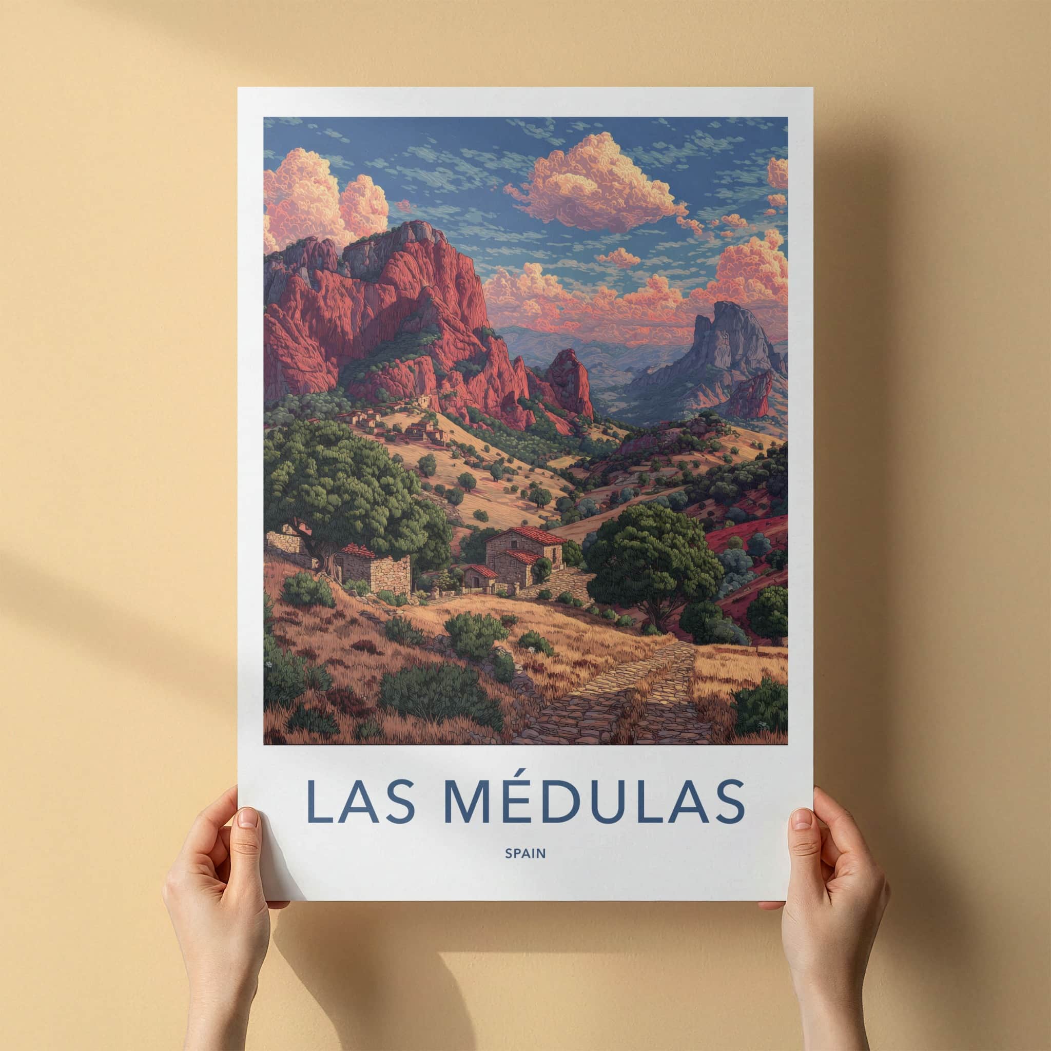 Las Medulas Poster - Spain Travel Print - Red Mountains Town Gallery Art