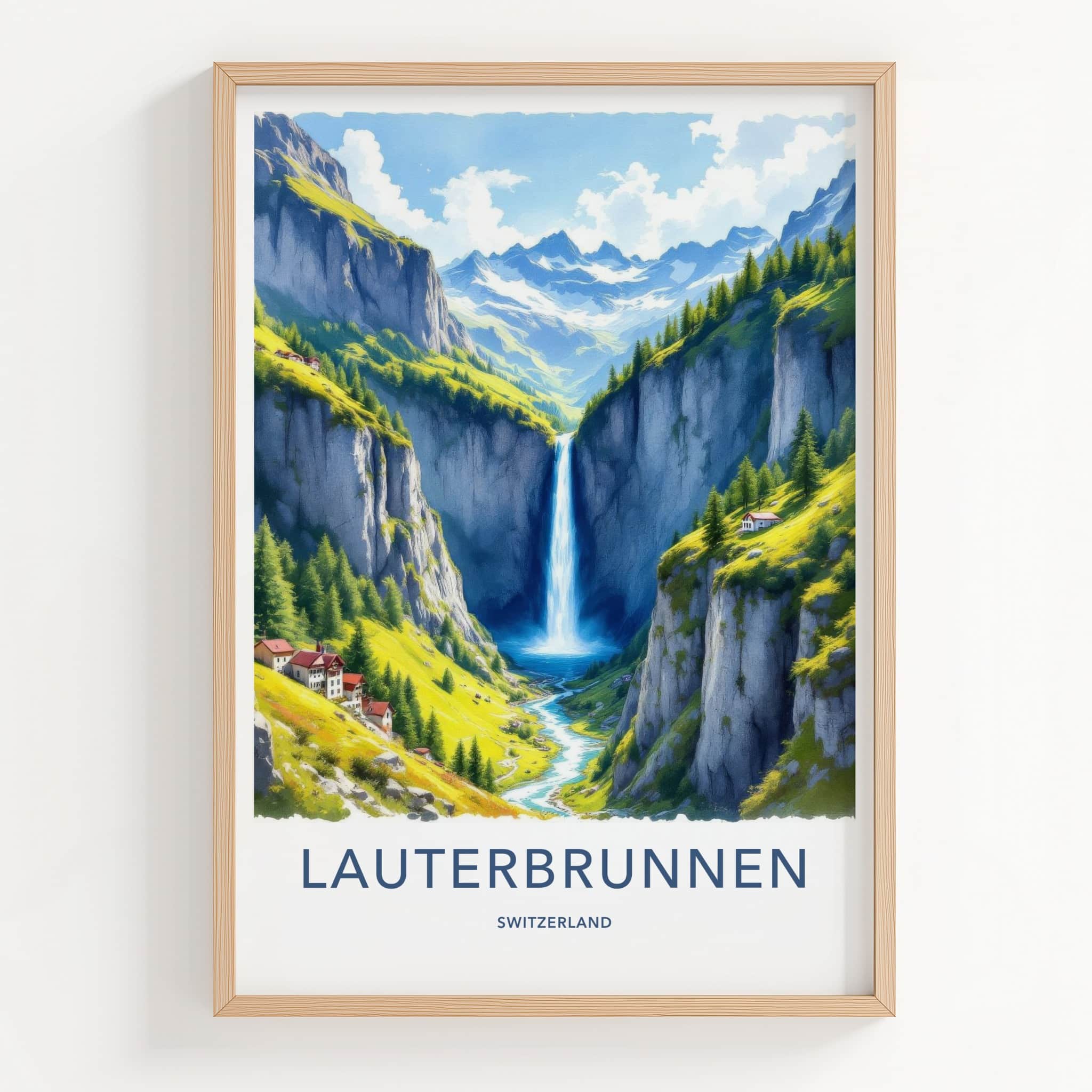 Lauterbrunnen Poster - Switzerland Travel Art - Alpine Waterfall Valley Home Decor