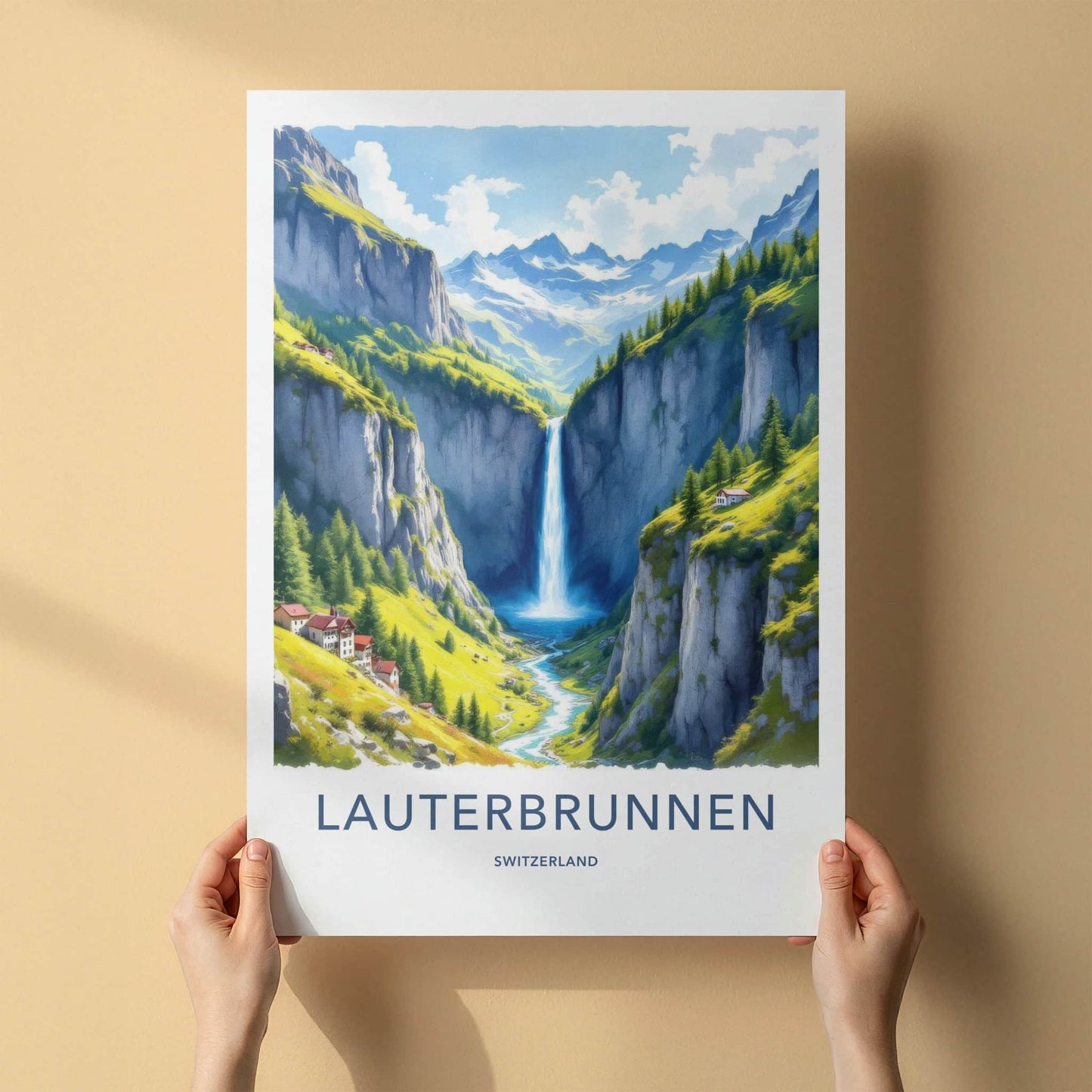 Lauterbrunnen Poster - Switzerland Travel Art - Alpine Waterfall Valley Home Decor