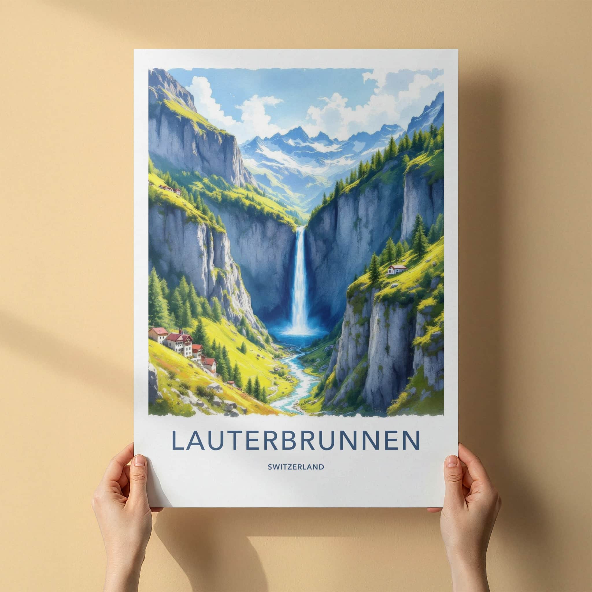 Lauterbrunnen Poster - Switzerland Travel Art - Alpine Waterfall Valley Home Decor