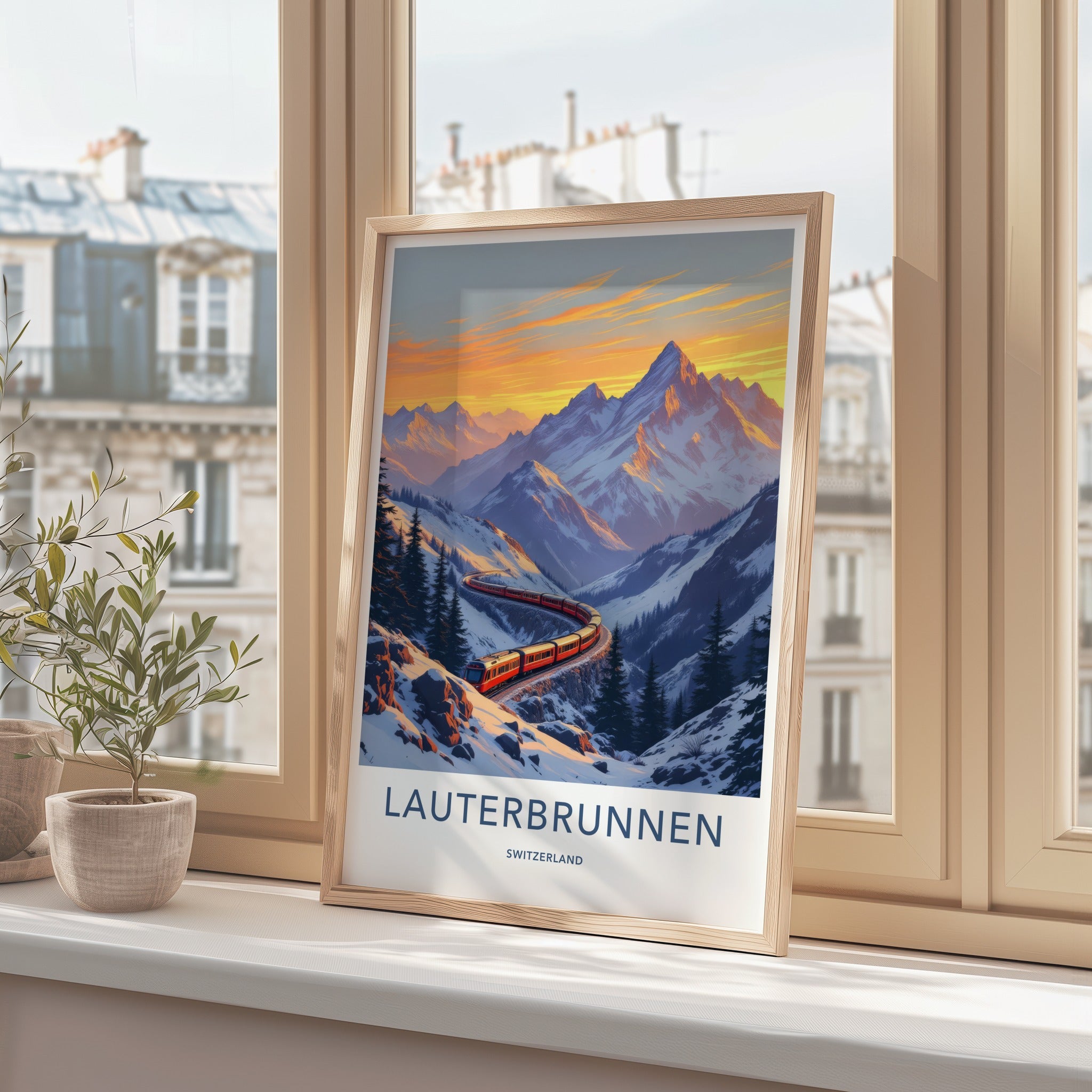 Lauterbrunnen Poster - Switzerland Travel Print - Winding Red Train Wall Decor