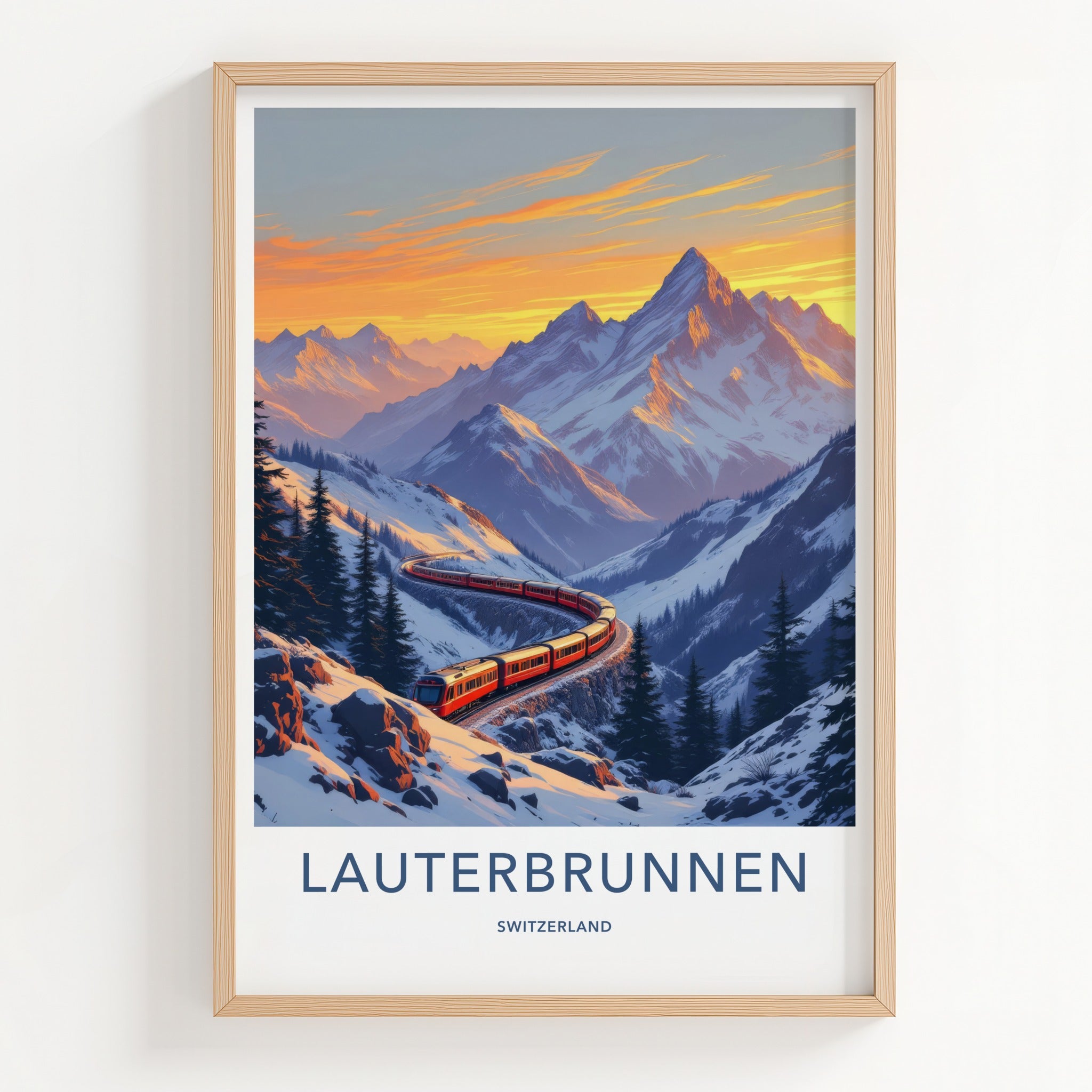 Lauterbrunnen Poster - Switzerland Travel Print - Winding Red Train Wall Decor