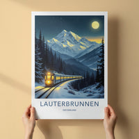 Lauterbrunnen Poster - Switzerland Wall Art - Moonlit Winter Train Home Decor