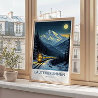 Lauterbrunnen Poster - Switzerland Wall Art - Moonlit Winter Train Home Decor