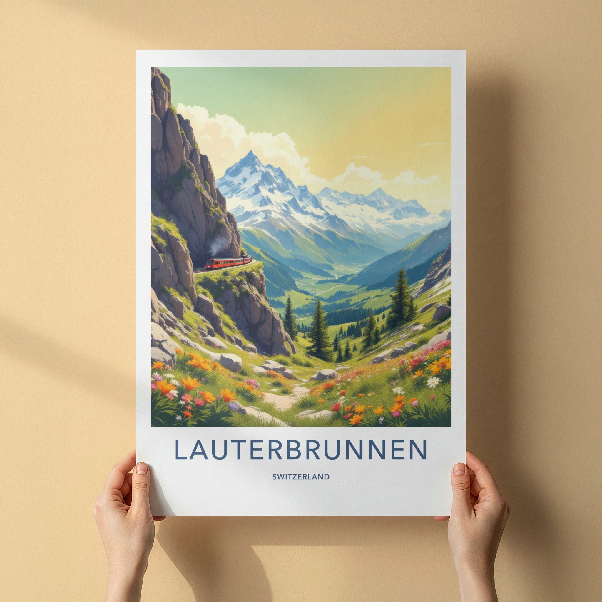 Lauterbrunnen Poster - Switzerland Wall Art - Red Train Valley Home Decor
