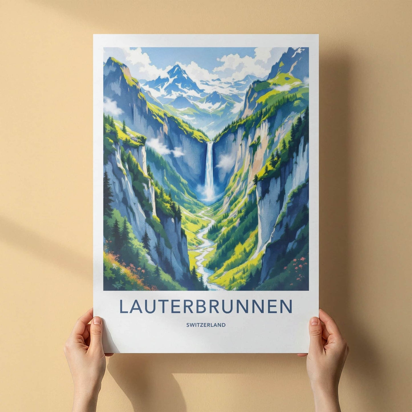 Lauterbrunnen Poster - Switzerland Wall Art - Towering Cliff Waterfall Gift