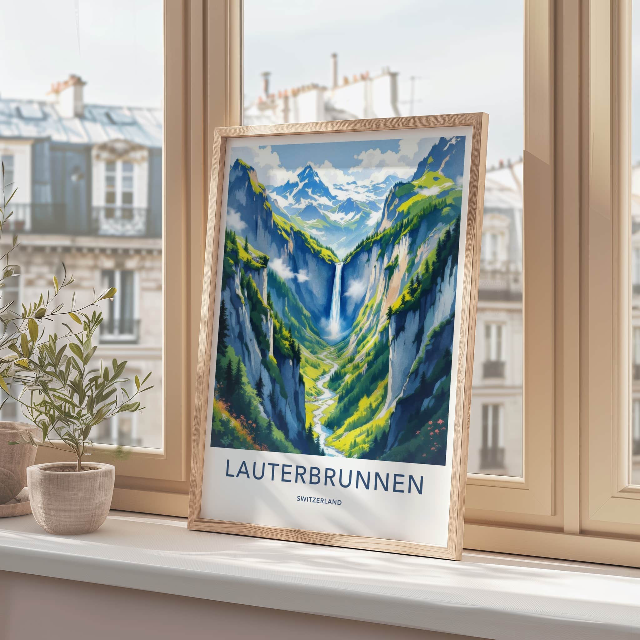 Lauterbrunnen Poster - Switzerland Wall Art - Towering Cliff Waterfall Gift