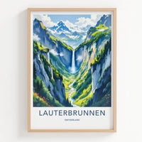 Lauterbrunnen Poster - Switzerland Wall Art - Towering Cliff Waterfall Gift
