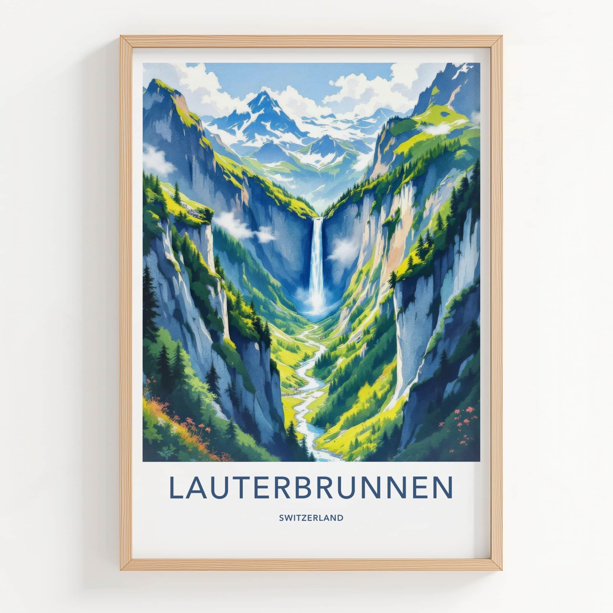Lauterbrunnen Poster - Switzerland Wall Art - Towering Cliff Waterfall Gift