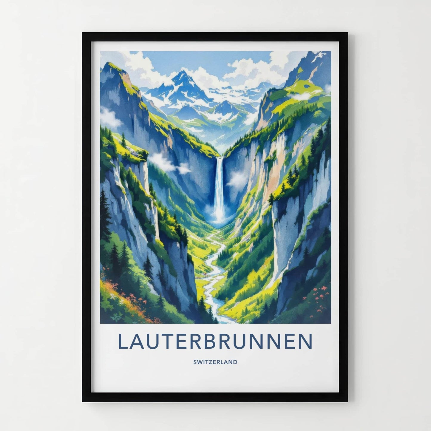 Lauterbrunnen Poster - Switzerland Wall Art - Towering Cliff Waterfall Gift