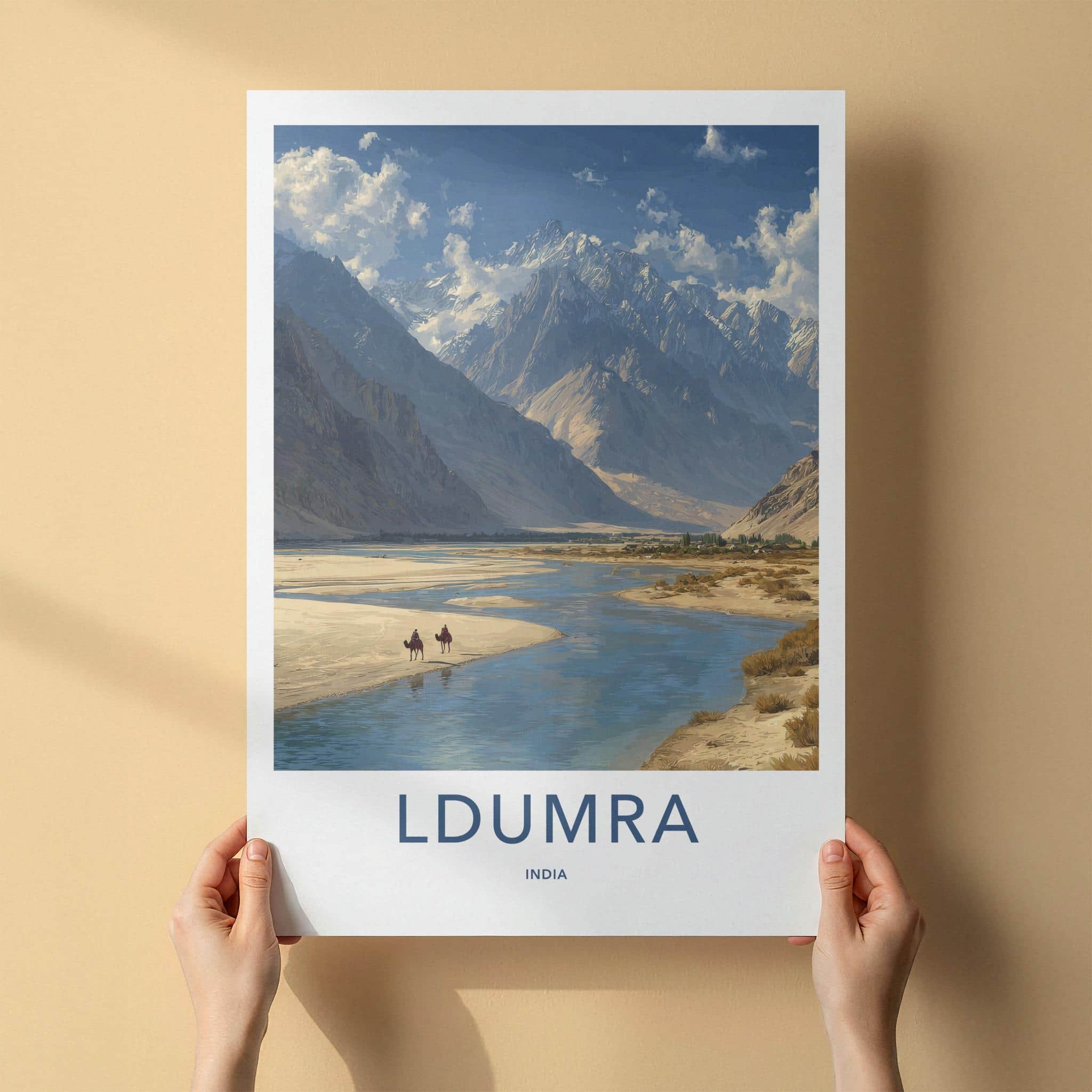 Ldumra Poster - India Travel Art - Ladakh River Camel Mountains Wall Decor