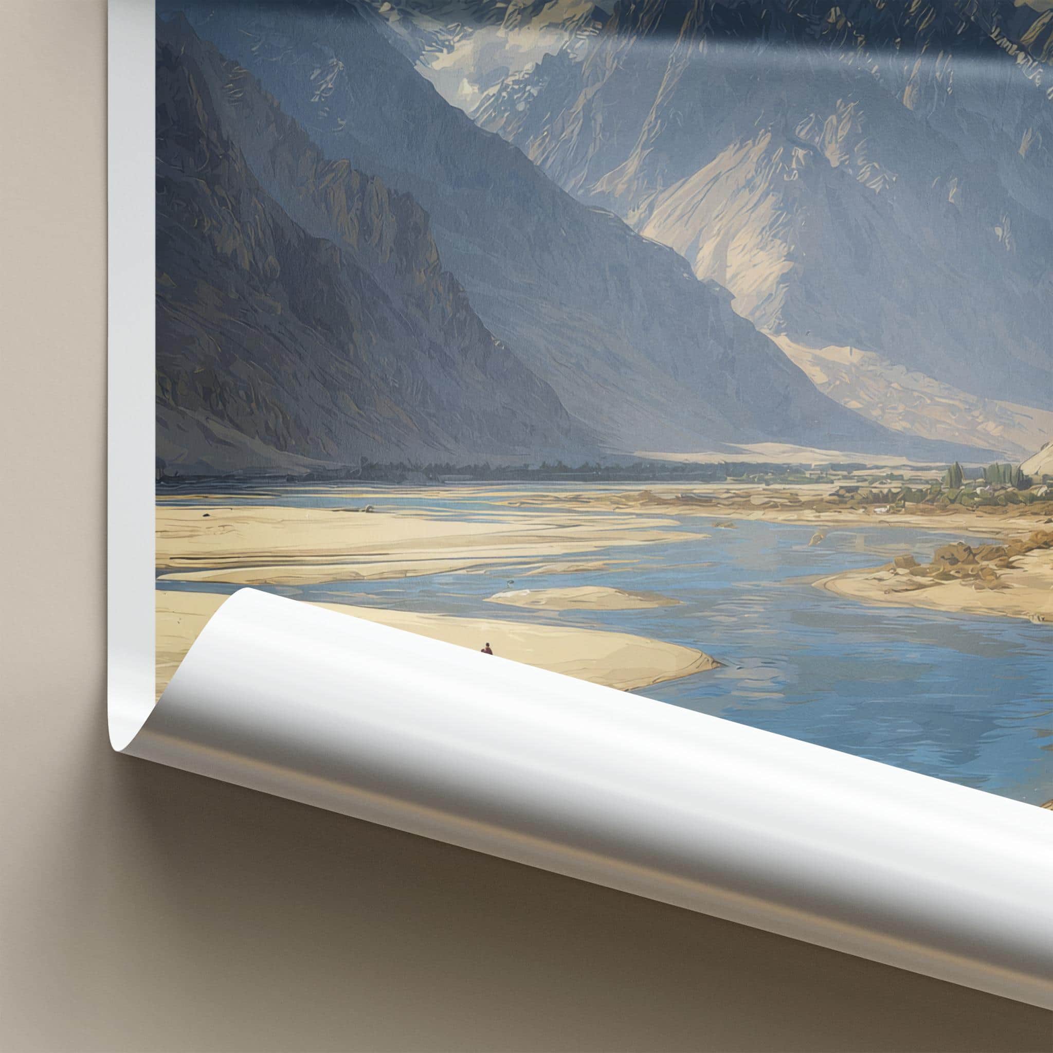 Ldumra Poster - India Travel Art - Ladakh River Camel Mountains Wall Decor