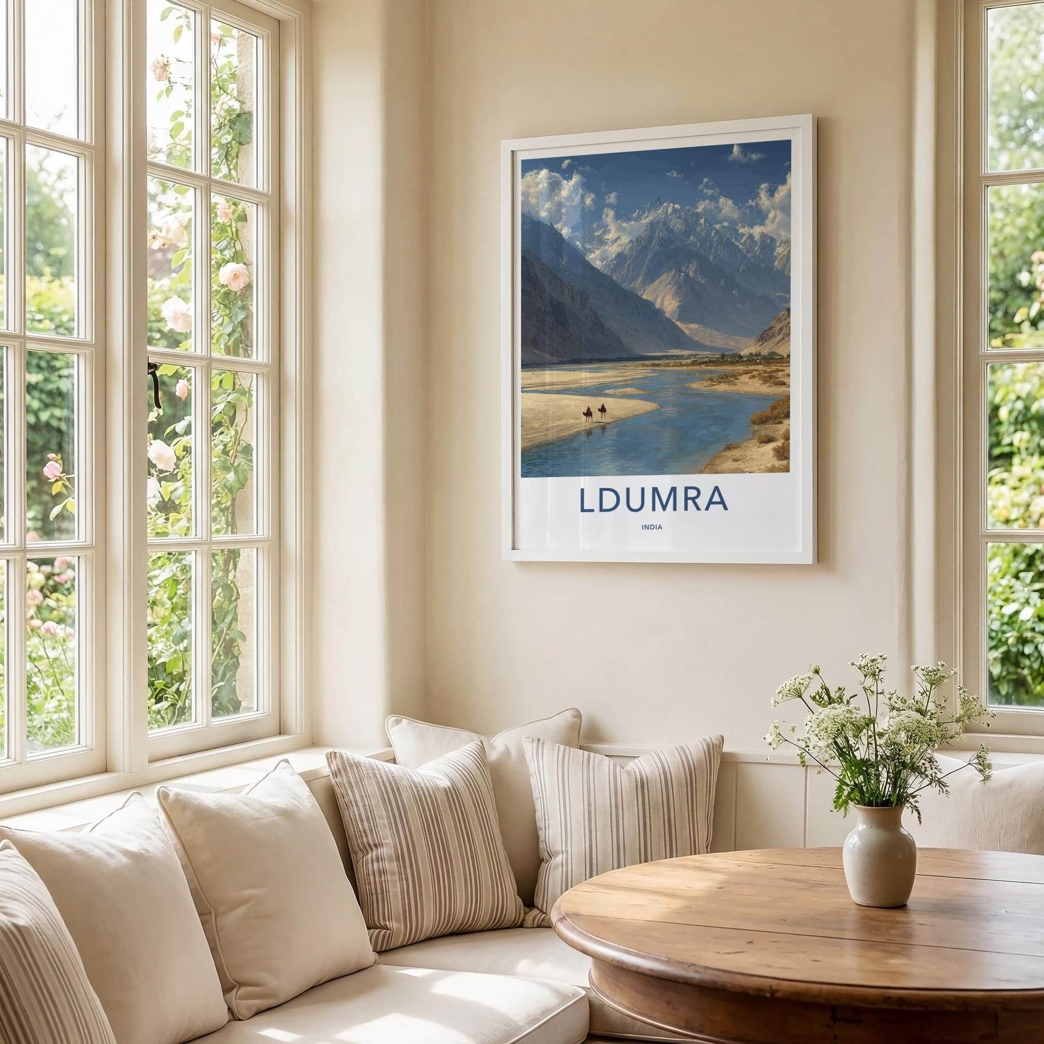 Ldumra Poster - India Travel Art - Ladakh River Camel Mountains Wall Decor