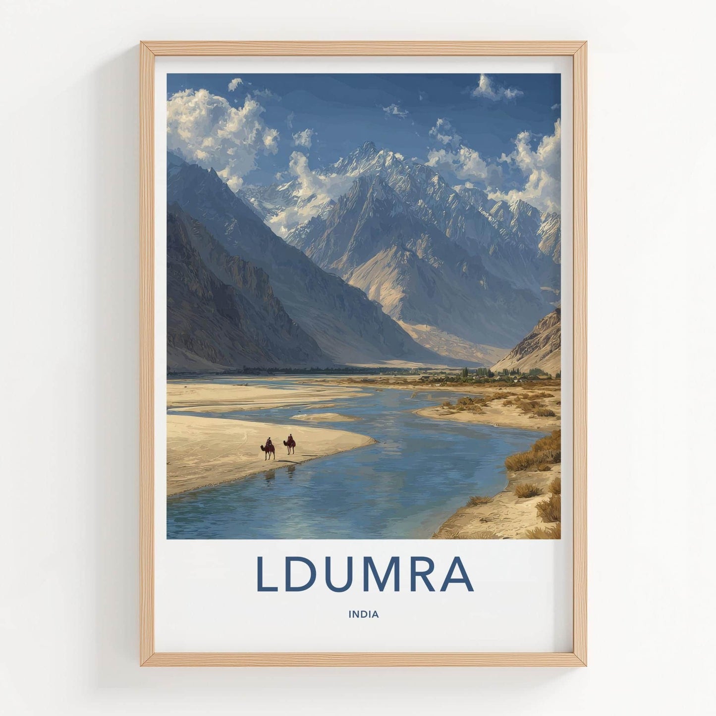 Ldumra Poster - India Travel Art - Ladakh River Camel Mountains Wall Decor