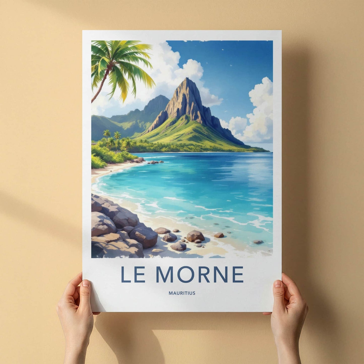 Le Morne Poster - Mauritius Travel Art - Tropical Mountain Lagoon Home Decor