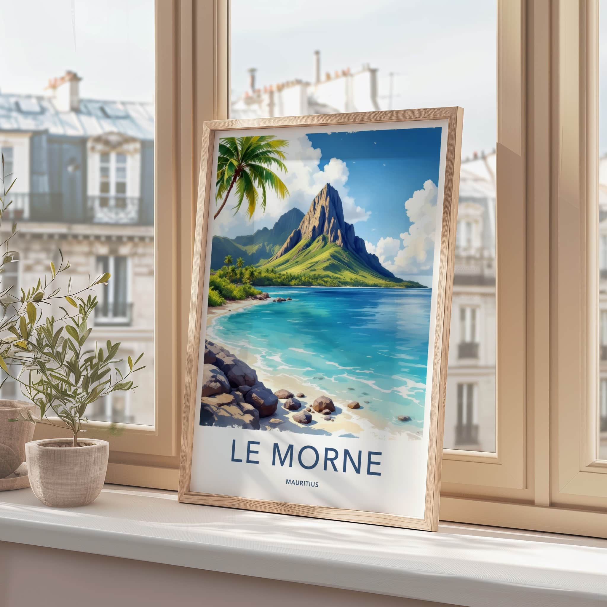Le Morne Poster - Mauritius Travel Art - Tropical Mountain Lagoon Home Decor