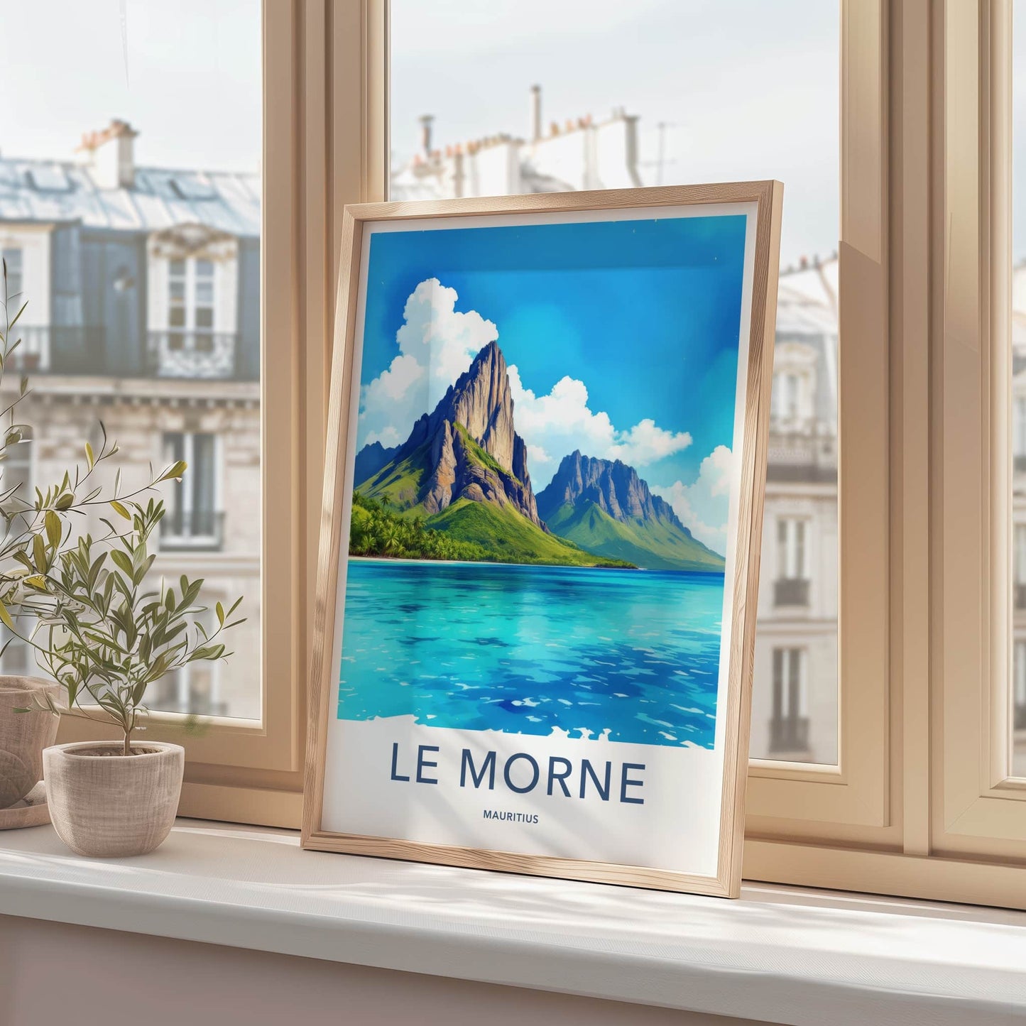 Le Morne Poster - Mauritius Travel Print - Iconic Peak Turquoise Ocean Home Decor