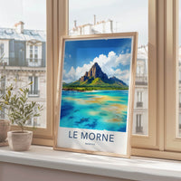 Le Morne Poster - Mauritius Travel Print - Towering Mountain Bright Ocean Wall Decor