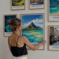 Le Morne Poster - Mauritius Travel Print - Towering Mountain Bright Ocean Wall Decor