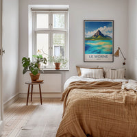 Le Morne Poster - Mauritius Travel Print - Towering Mountain Bright Ocean Wall Decor