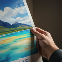 Le Morne Poster - Mauritius Travel Print - Towering Mountain Bright Ocean Wall Decor