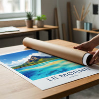 Le Morne Poster - Mauritius Travel Print - Towering Mountain Bright Ocean Wall Decor