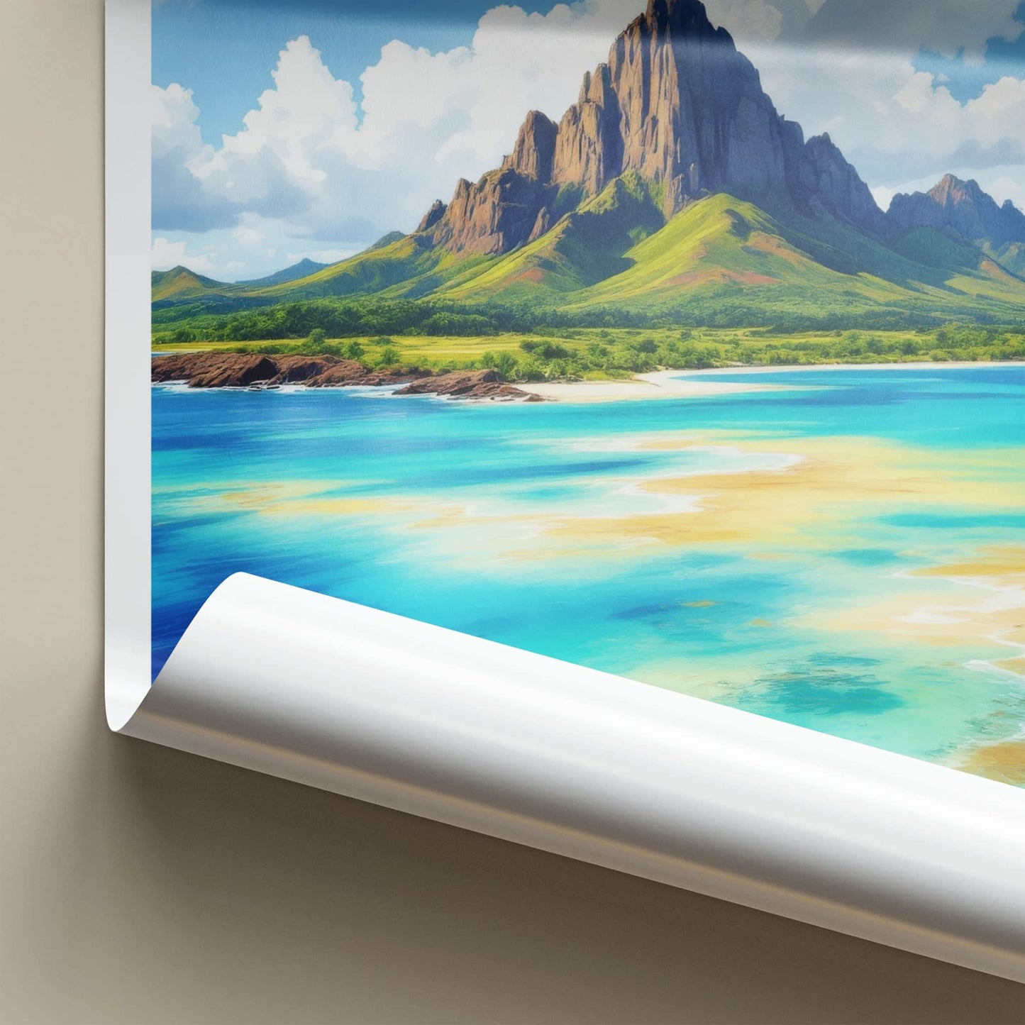 Le Morne Poster - Mauritius Travel Print - Towering Mountain Bright Ocean Wall Decor