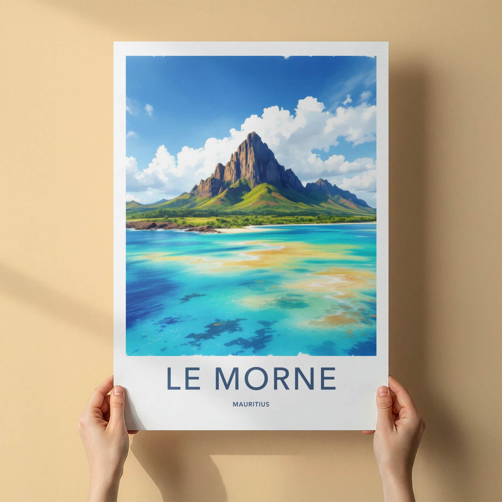 Le Morne Poster - Mauritius Travel Print - Towering Mountain Bright Ocean Wall Decor