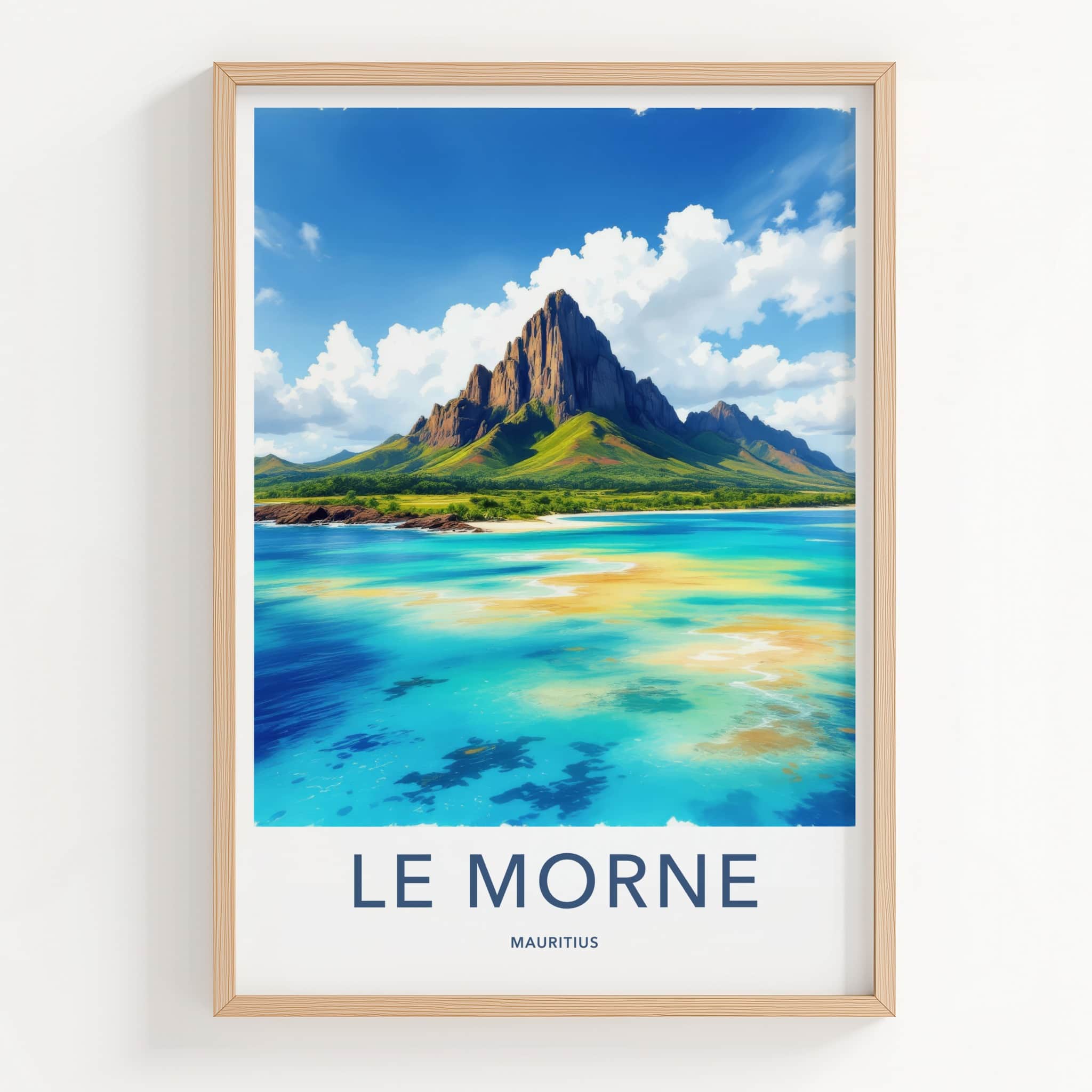 Le Morne Poster - Mauritius Travel Print - Towering Mountain Bright Ocean Wall Decor
