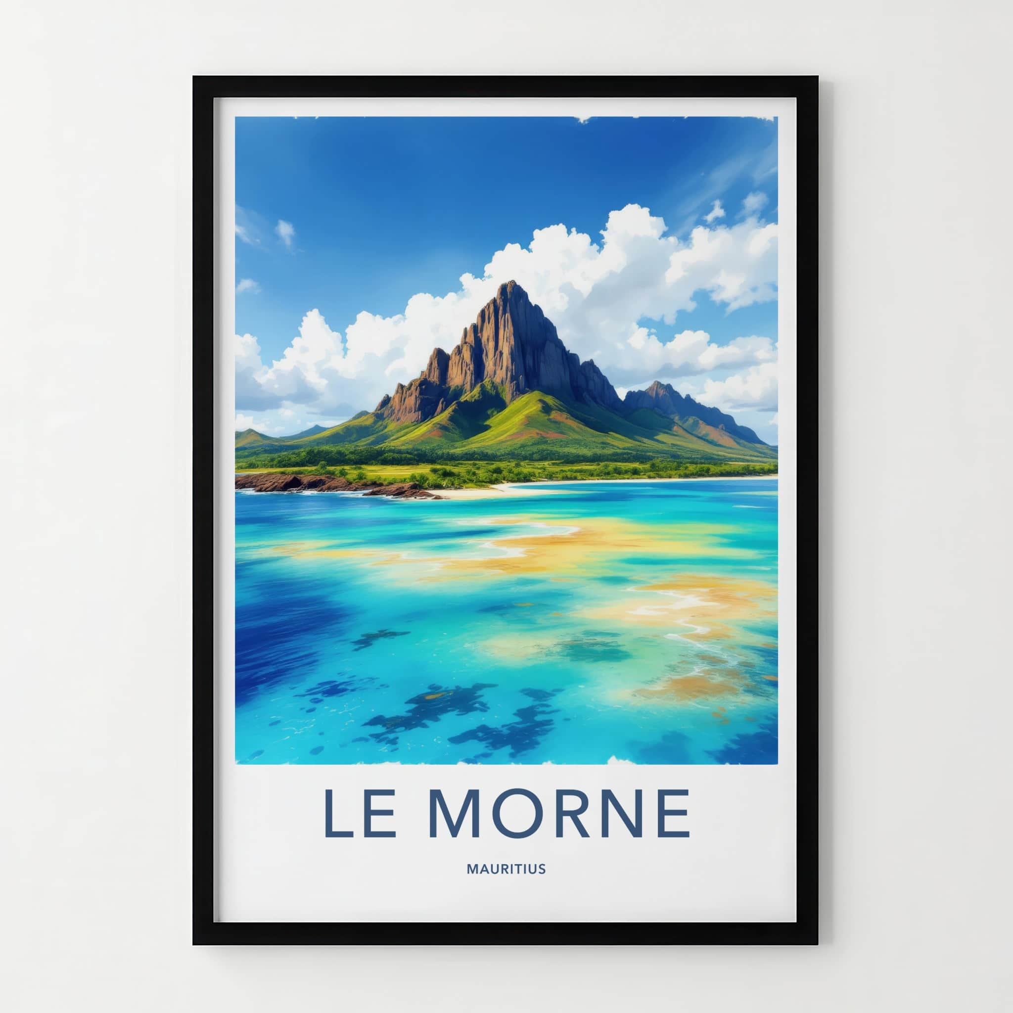 Le Morne Poster - Mauritius Travel Print - Towering Mountain Bright Ocean Wall Decor