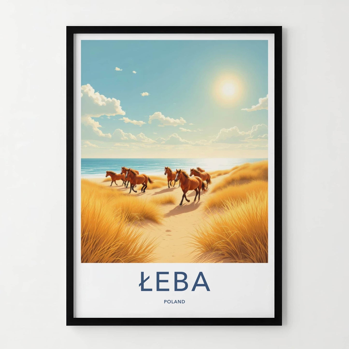 Leba Poster - Poland Framed Print - Galloping Beach Horses Lounge Decor