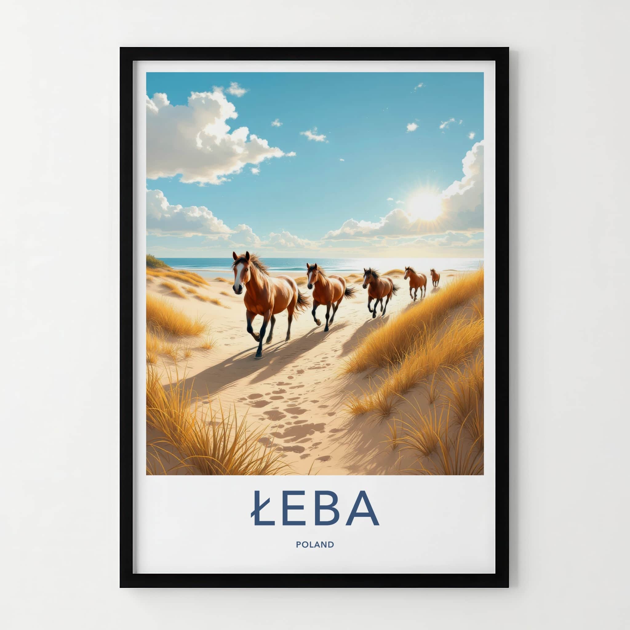 LEBA Poster - Poland Framed Print - Wild Horses Beach Lounge Decor