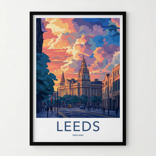 Leeds Poster - England Travel Art - Clock Tower Cityscape Home Decor