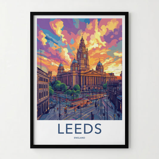 Leeds Poster - England Travel Print - Grand Building Sunset Wall Decor