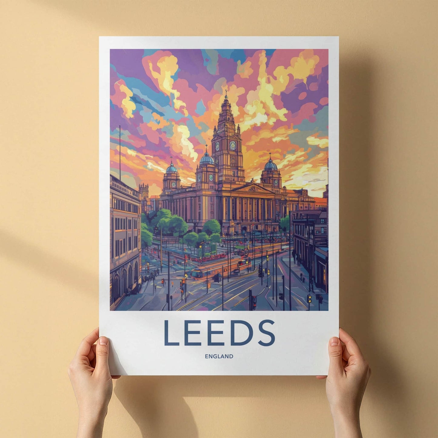 Leeds Poster - England Travel Print - Grand Building Sunset Wall Decor