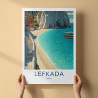 Lefkada Poster - Greece Travel Art - Cliffside Village Beach Home Decor