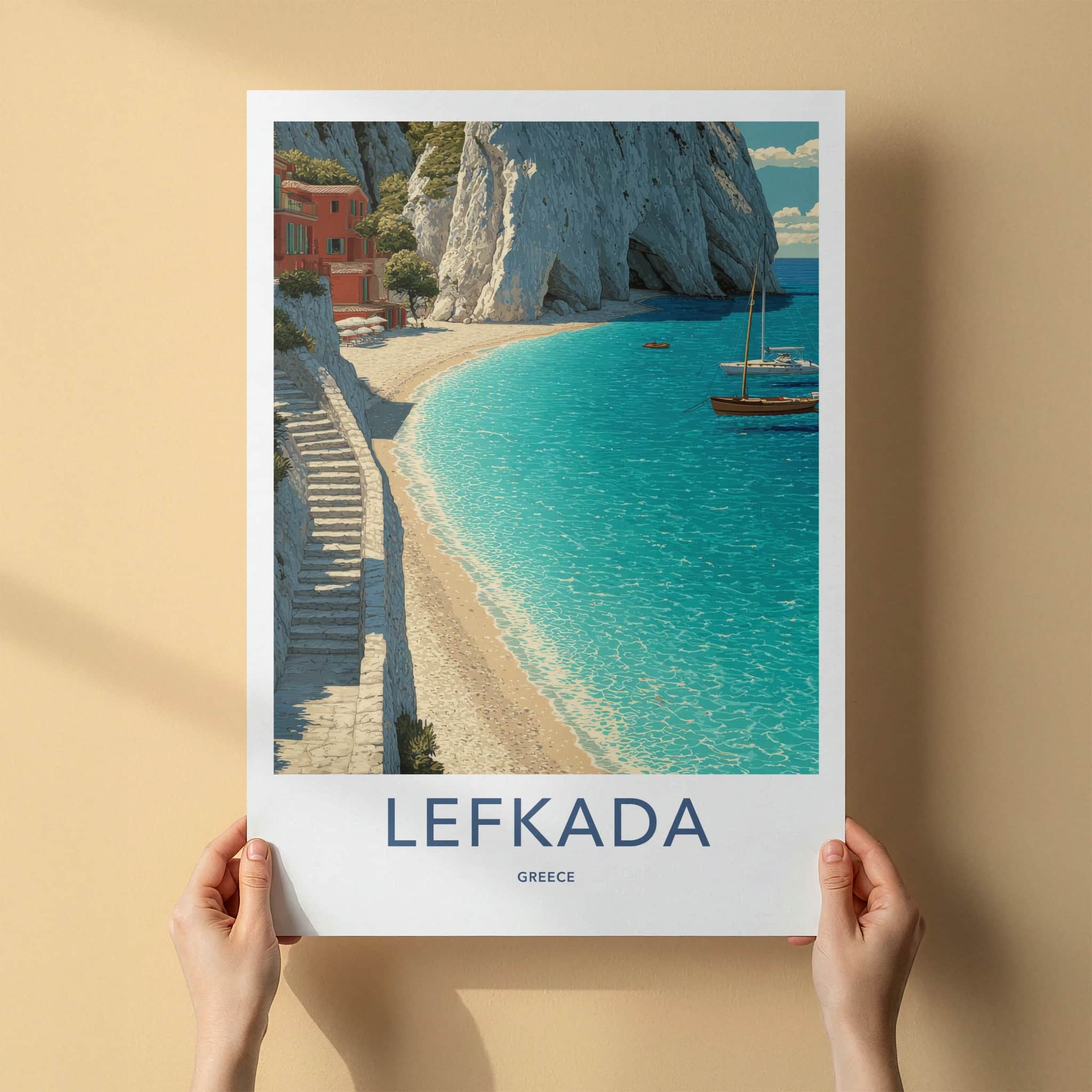 Lefkada Poster - Greece Travel Art - Cliffside Village Beach Home Decor