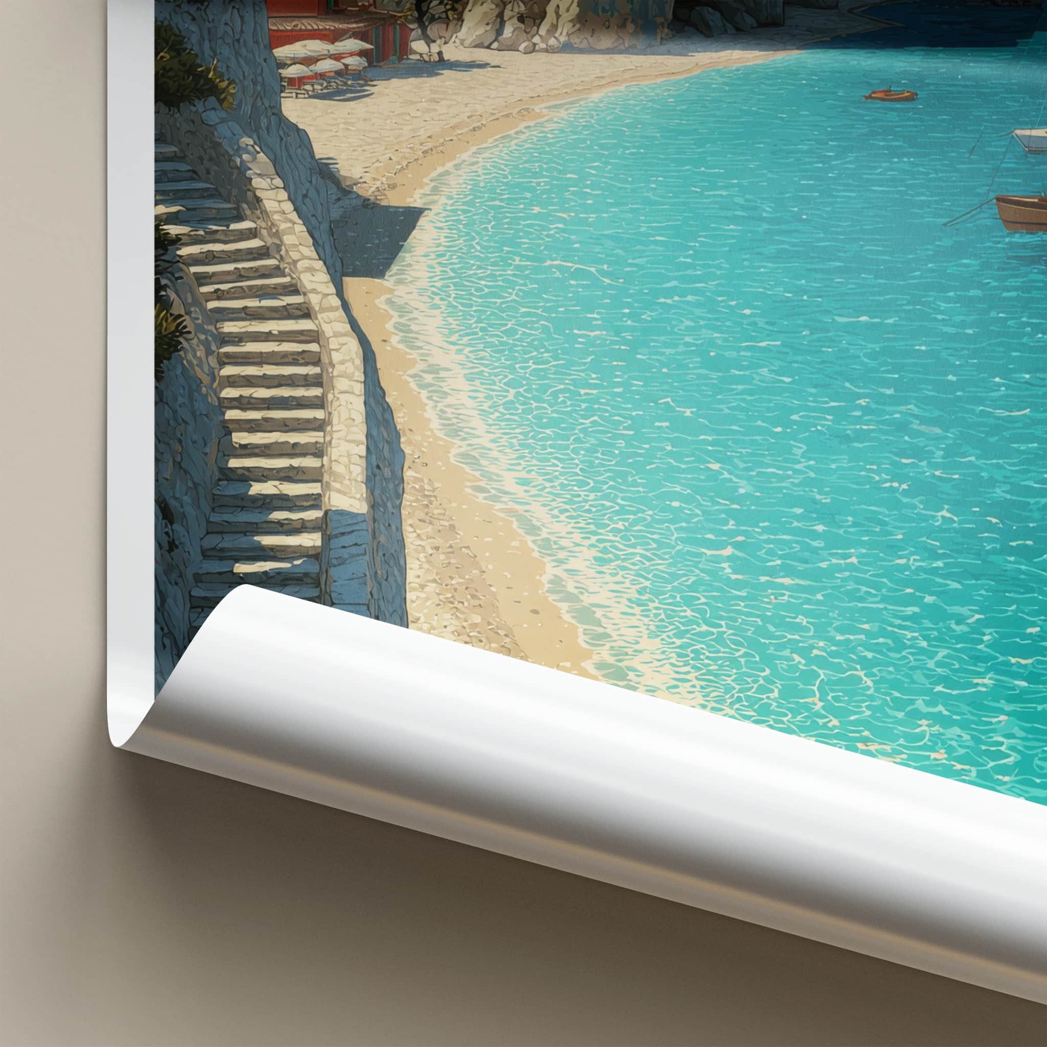 Lefkada Poster - Greece Travel Art - Cliffside Village Beach Home Decor
