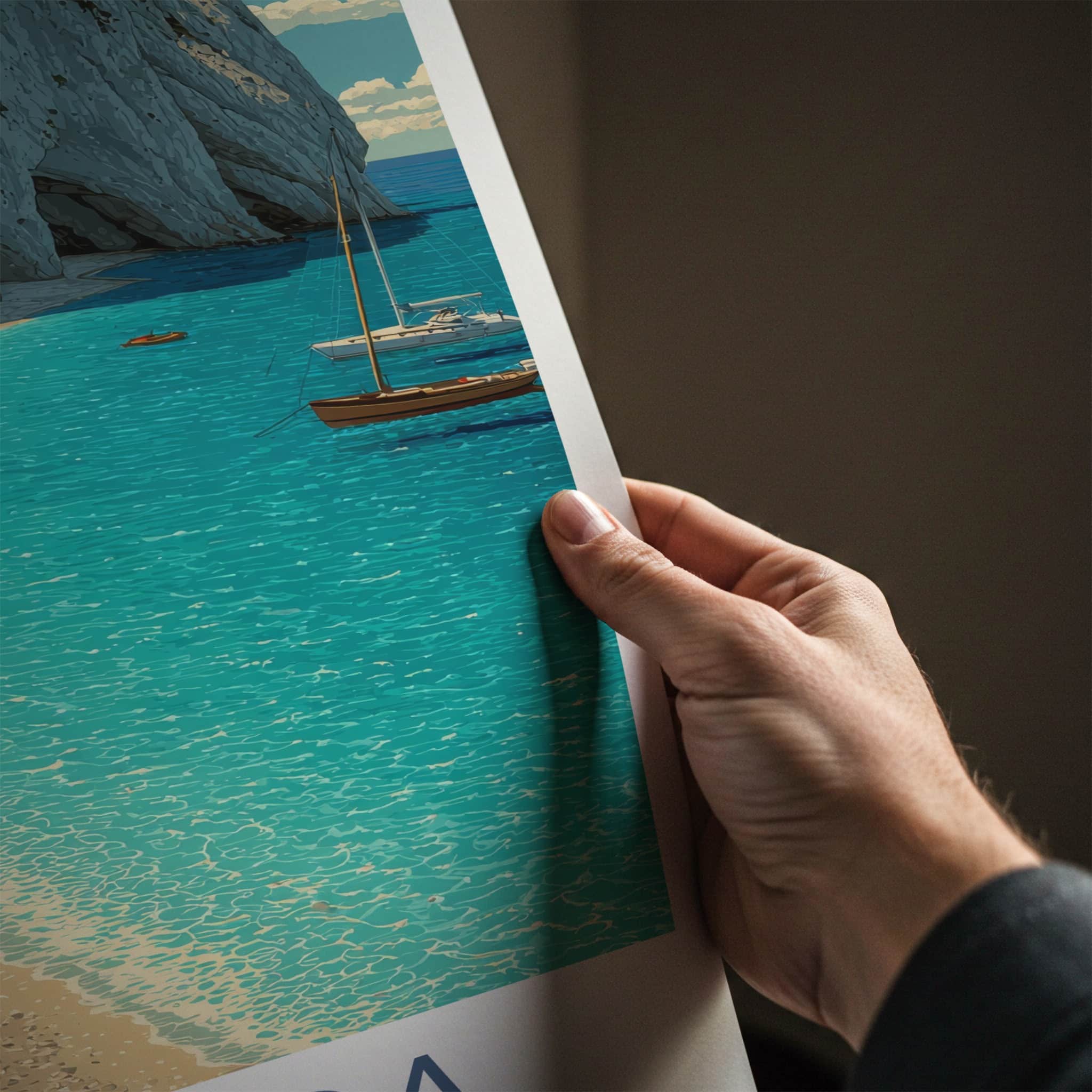 Lefkada Poster - Greece Travel Art - Cliffside Village Beach Home Decor