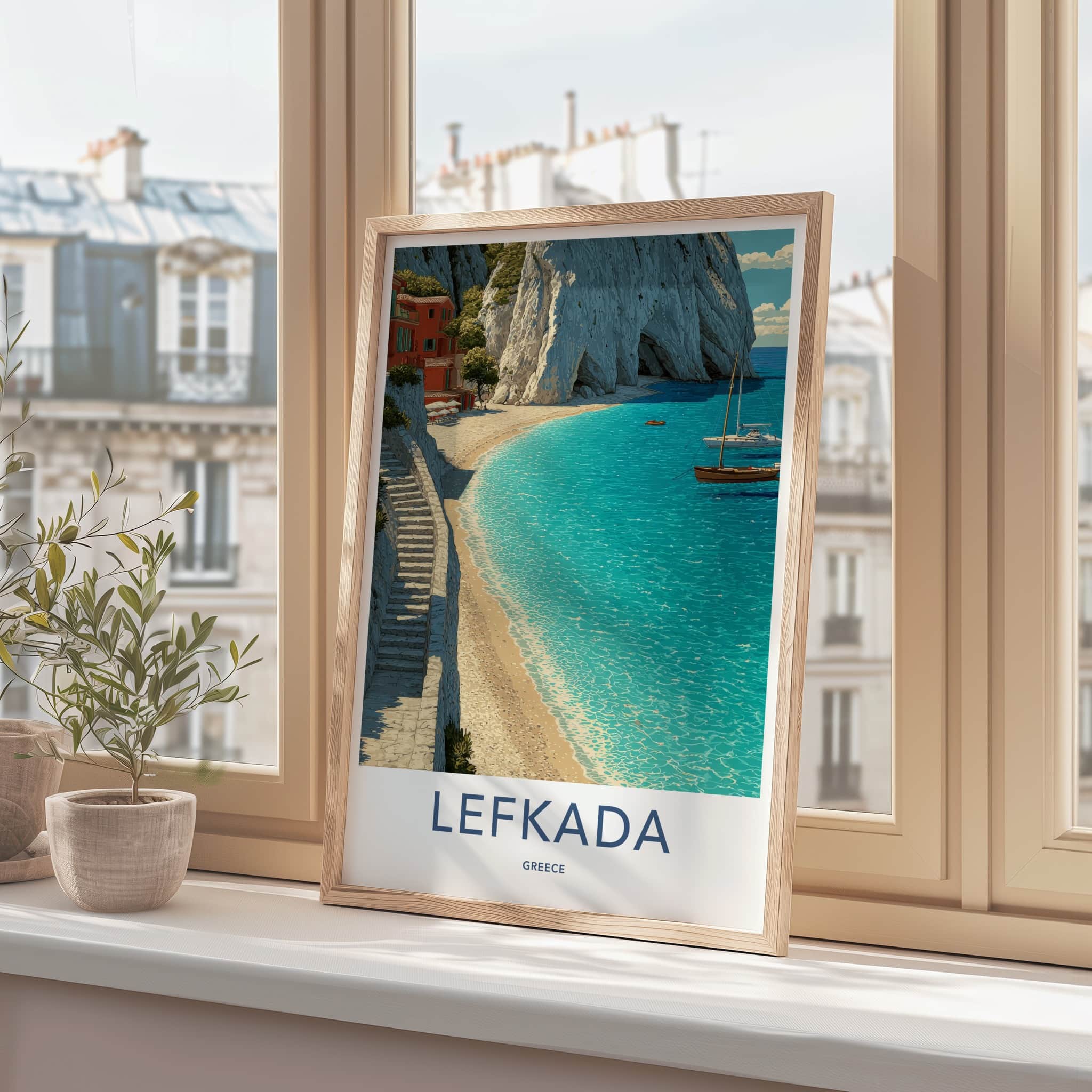 Lefkada Poster - Greece Travel Art - Cliffside Village Beach Home Decor
