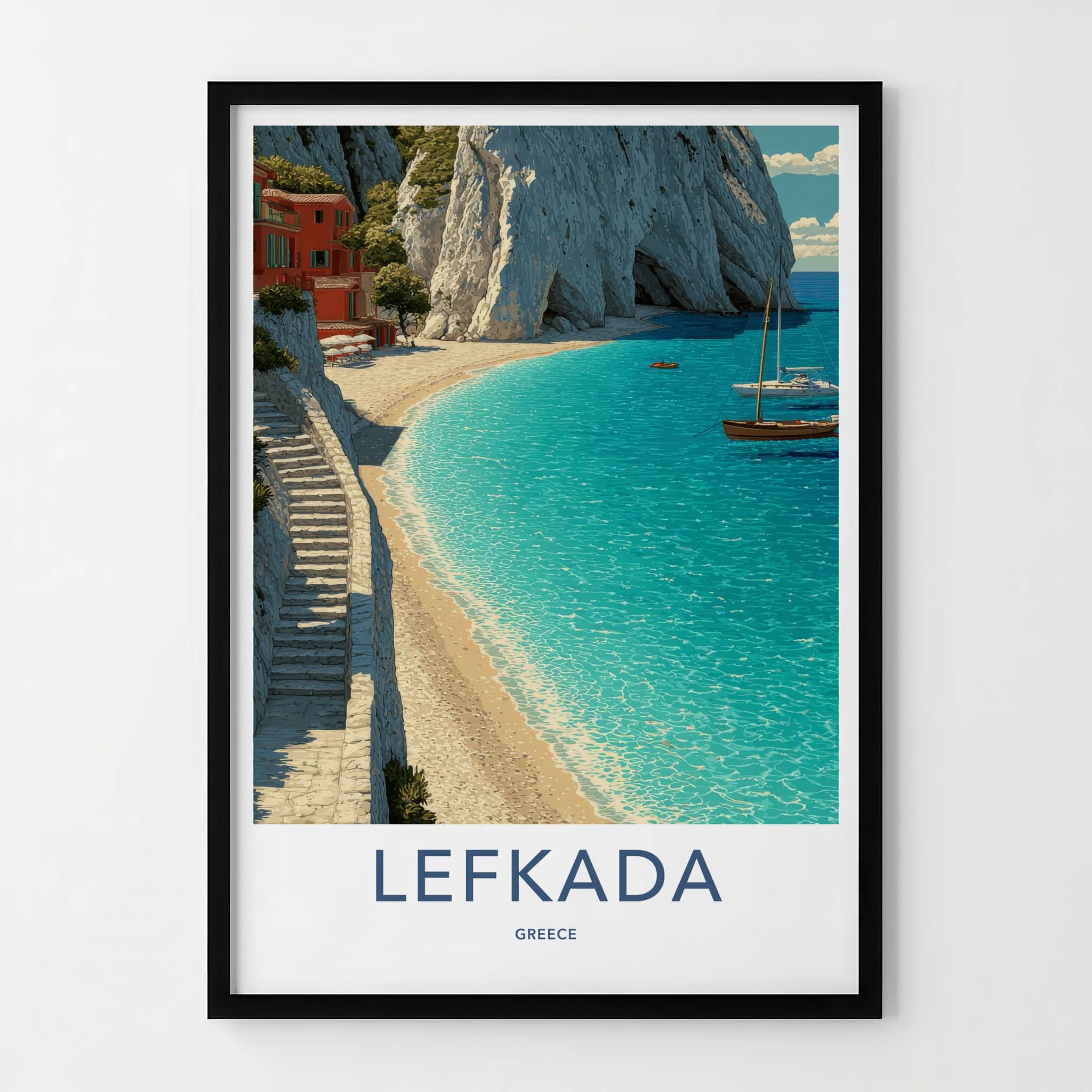 Lefkada Poster - Greece Travel Art - Cliffside Village Beach Home Decor