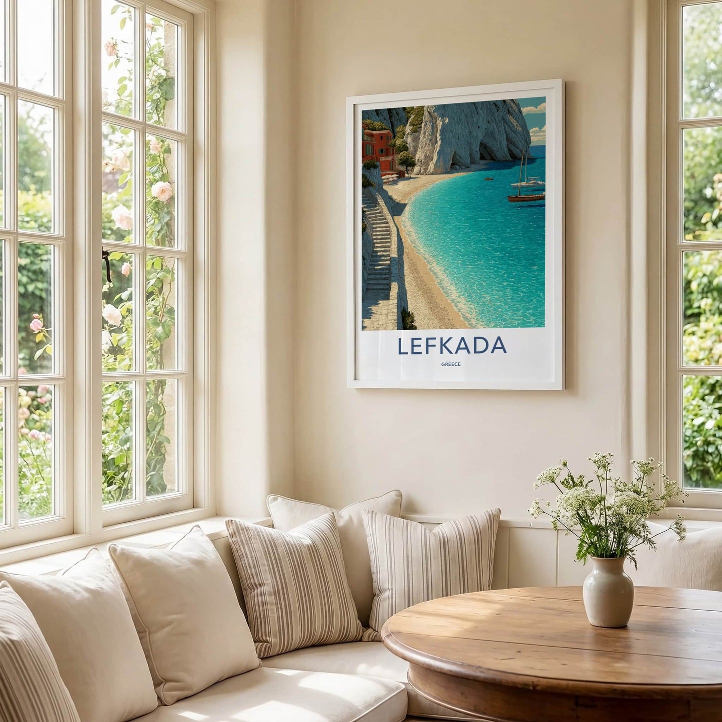 Lefkada Poster - Greece Travel Art - Cliffside Village Beach Home Decor