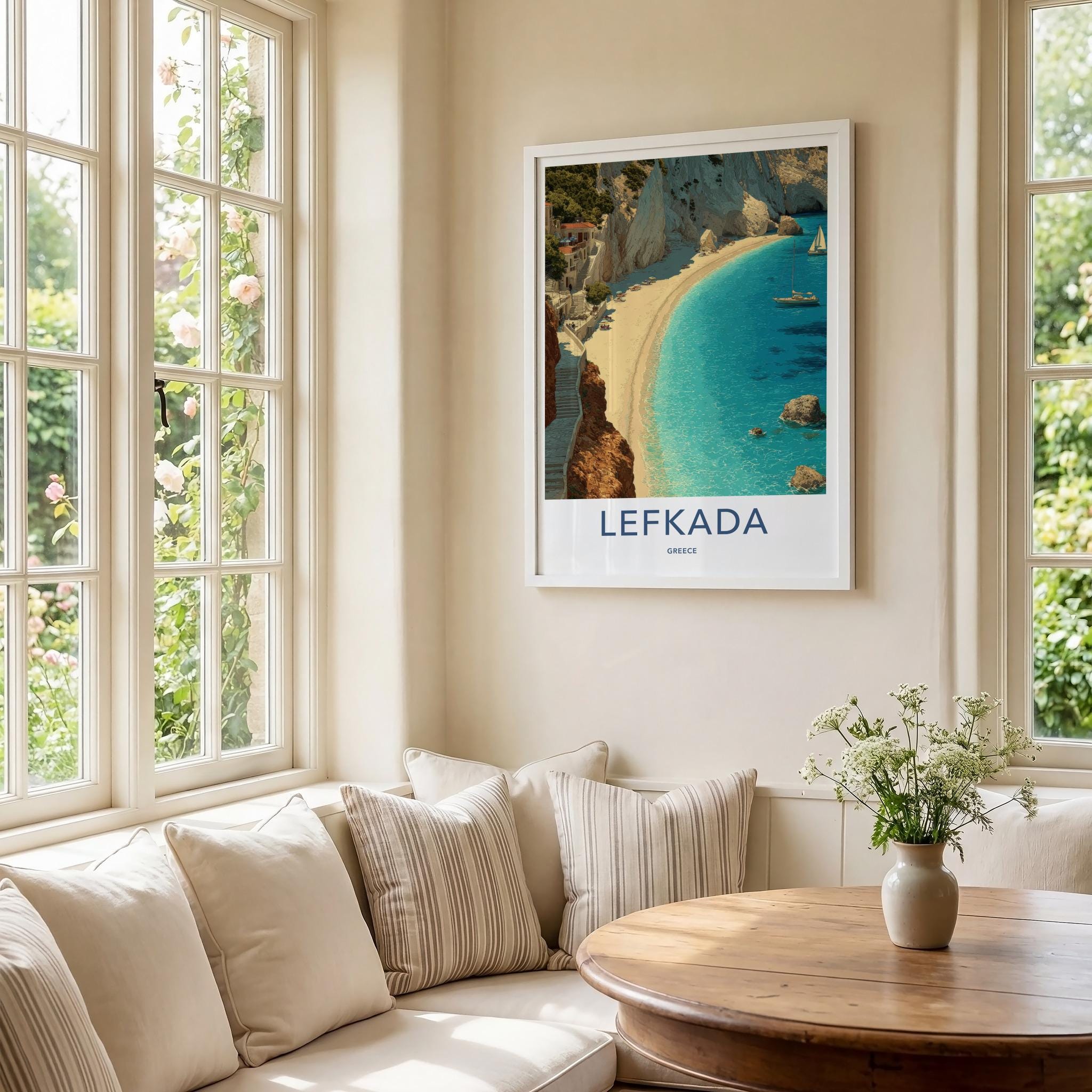 Lefkada Poster - Greece Travel Art - Village Cliff Beach Home Decor