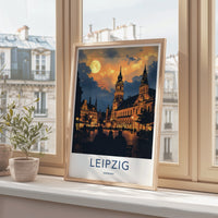 Leipzig Poster - Germany Travel Art - Moonlit City Square Home Decor