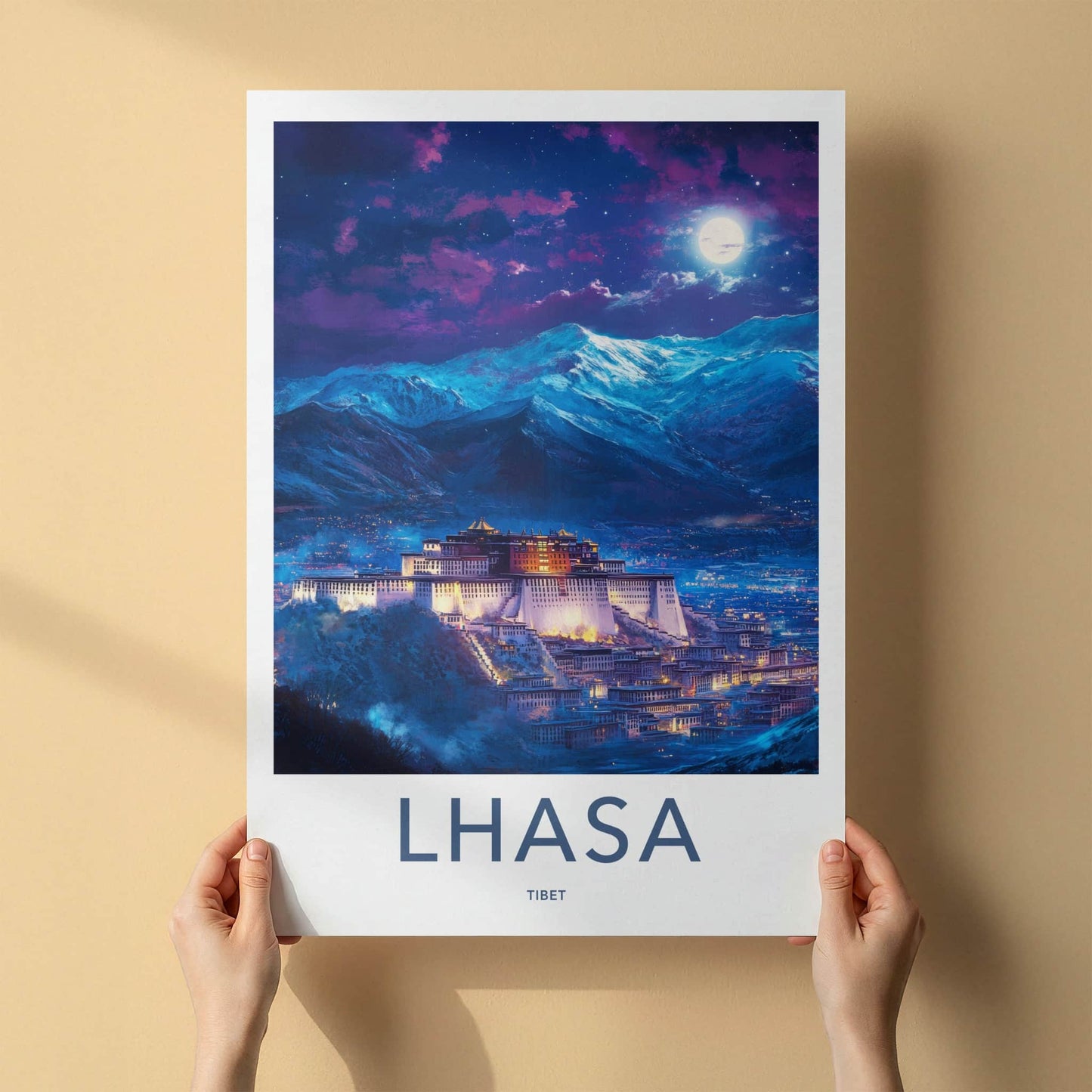 Lhasa Poster - Tibet Travel Art - Moonlit Palace Mountains Wall Decor